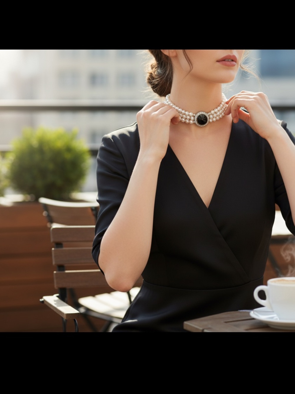 Vintage Multi-Strand Faux Pearl Choker with Black Crystal Centerpiece